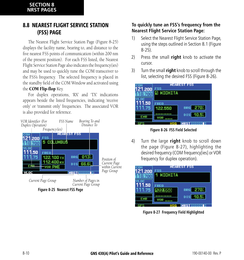 8 nearest flight service station (fss) page | Garmin GNS 430 User Manual | Page 150 / 266