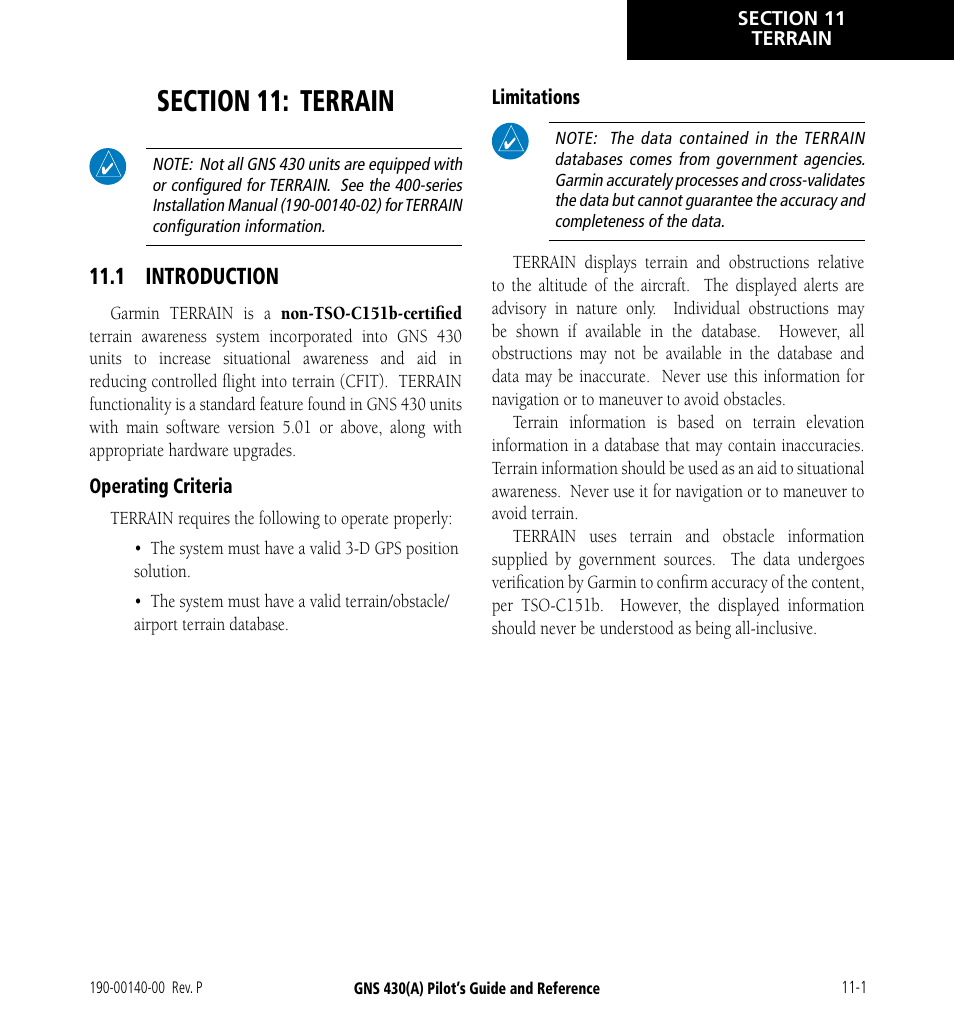 Section 11: terrain, 1 introduction, 1 introduction -1 | Garmin GNS 430 User Manual | Page 189 / 266