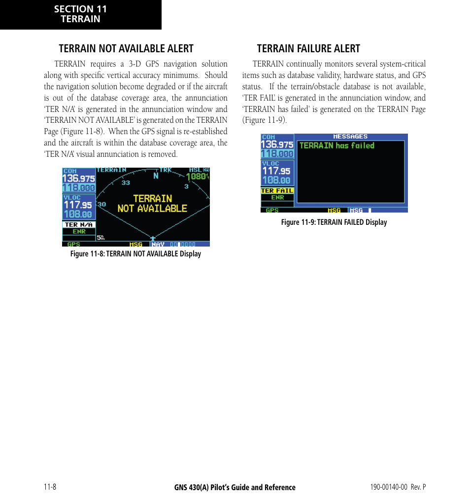 Terrain not available alert, Terrain failure alert | Garmin GNS 430 User Manual | Page 196 / 266