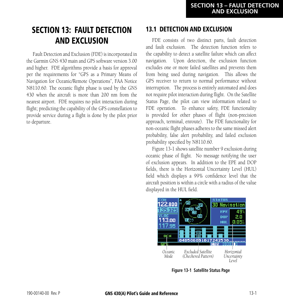 Section 13: fault detection and exclusion, 1 detection and exclusion, Section 13: fault detection & exclusion | 1 detection and exclusion -1 | Garmin GNS 430 User Manual | Page 235 / 266