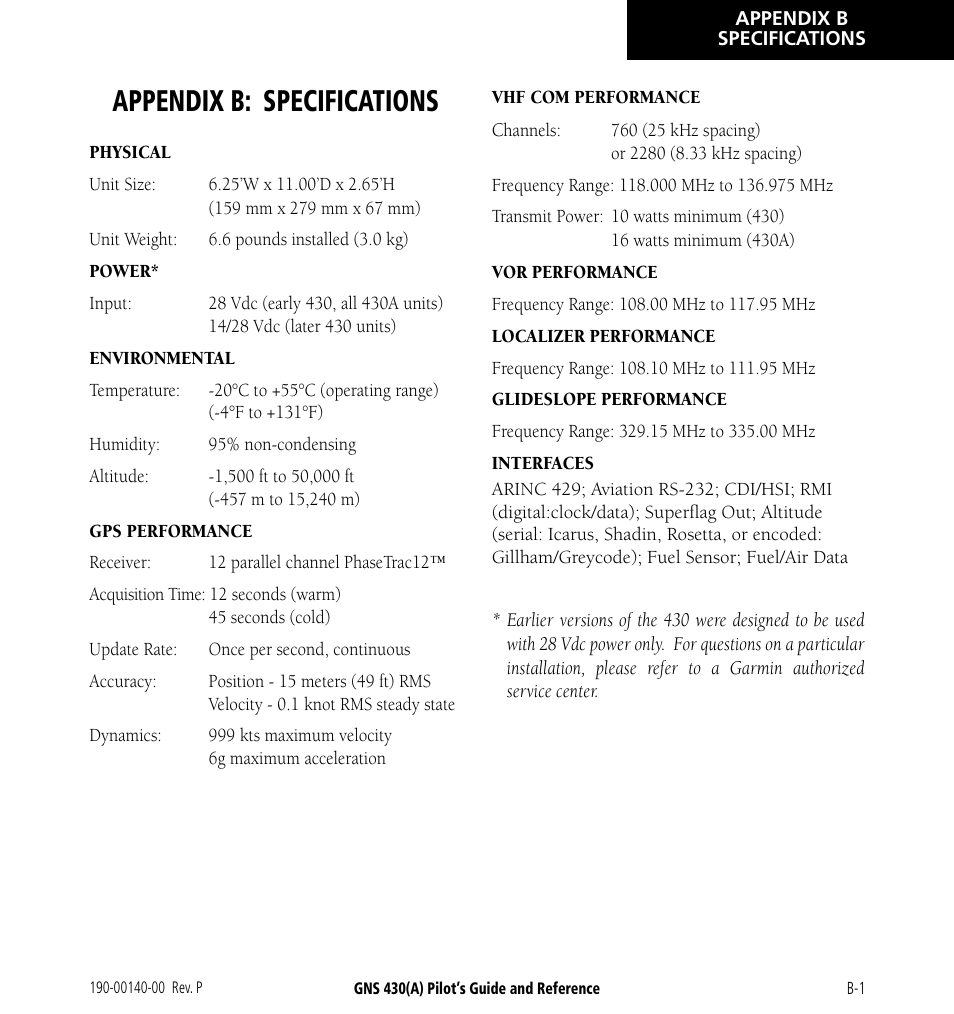 Appendix b: specifications | Garmin GNS 430 User Manual | Page 253 / 266