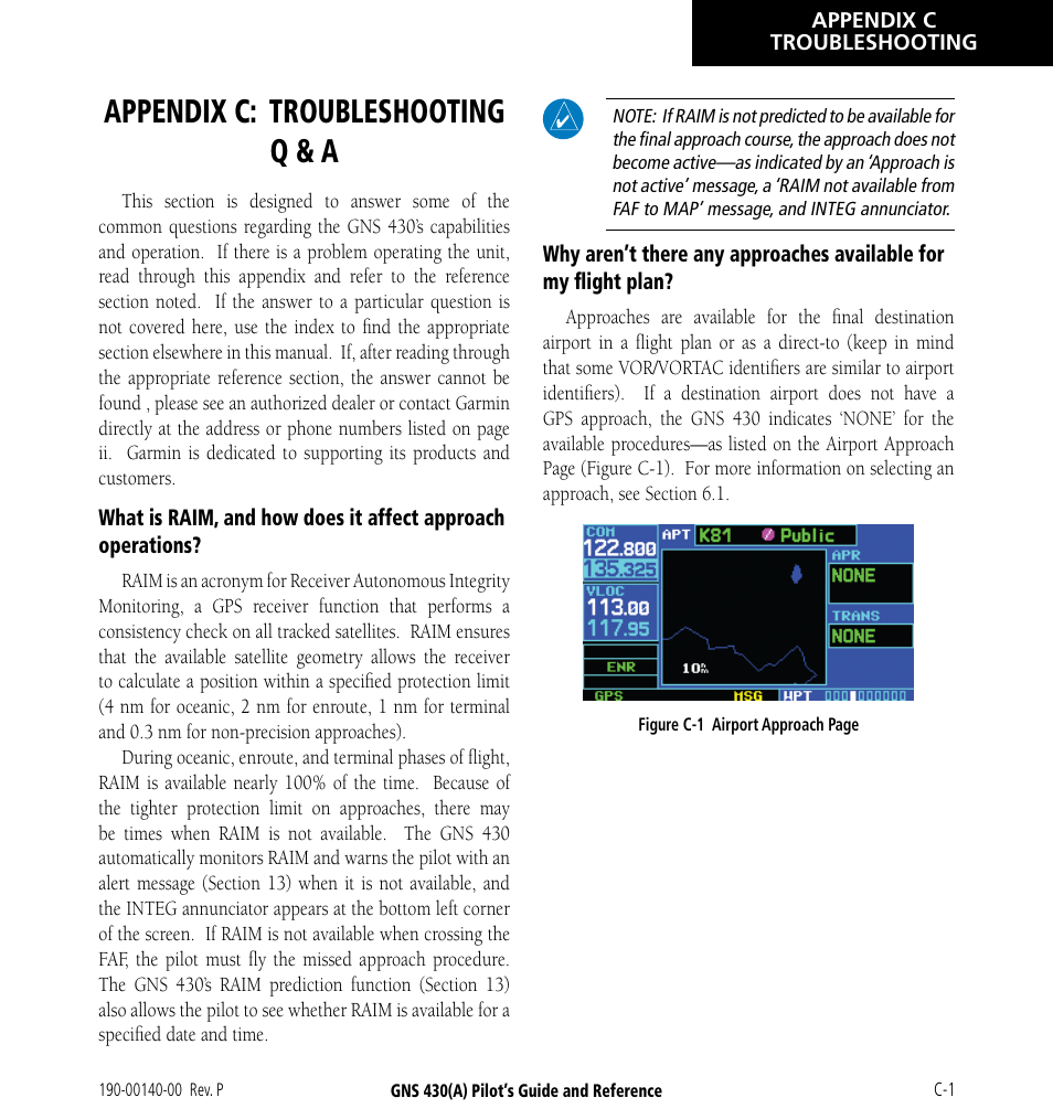 Appendix c: troubleshooting q & a | Garmin GNS 430 User Manual | Page 255 / 266