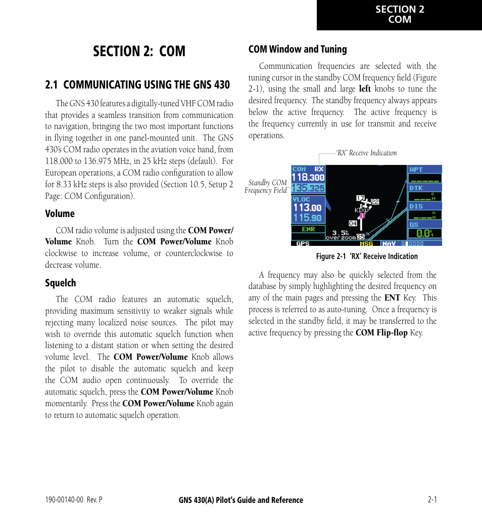 Section 2: com, 1 communicating using the gns 430, 1 communicating using the gns 430 -1 | Garmin GNS 430 User Manual | Page 29 / 266