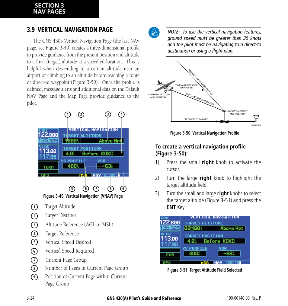 9 vertical navigation page, Target altitude, Target distance | Altitude reference (agl or msl), Target reference, Vertical speed desired, Vertical speed required, Current page group, Number of pages in current page group, Position of current page within current | Garmin GNS 430 User Manual | Page 58 / 266