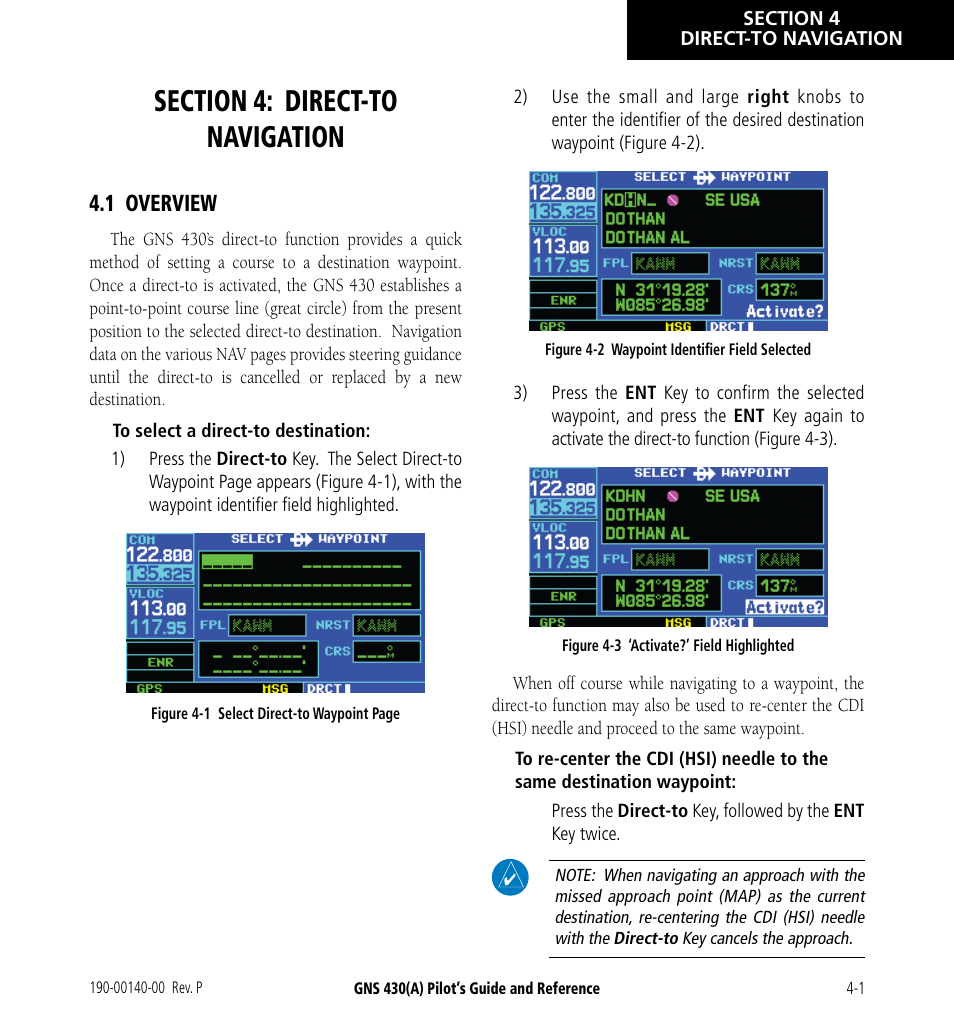 Section 4: direct-to navigation, 1 overview, 1 overview -1 | Garmin GNS 430 User Manual | Page 61 / 266