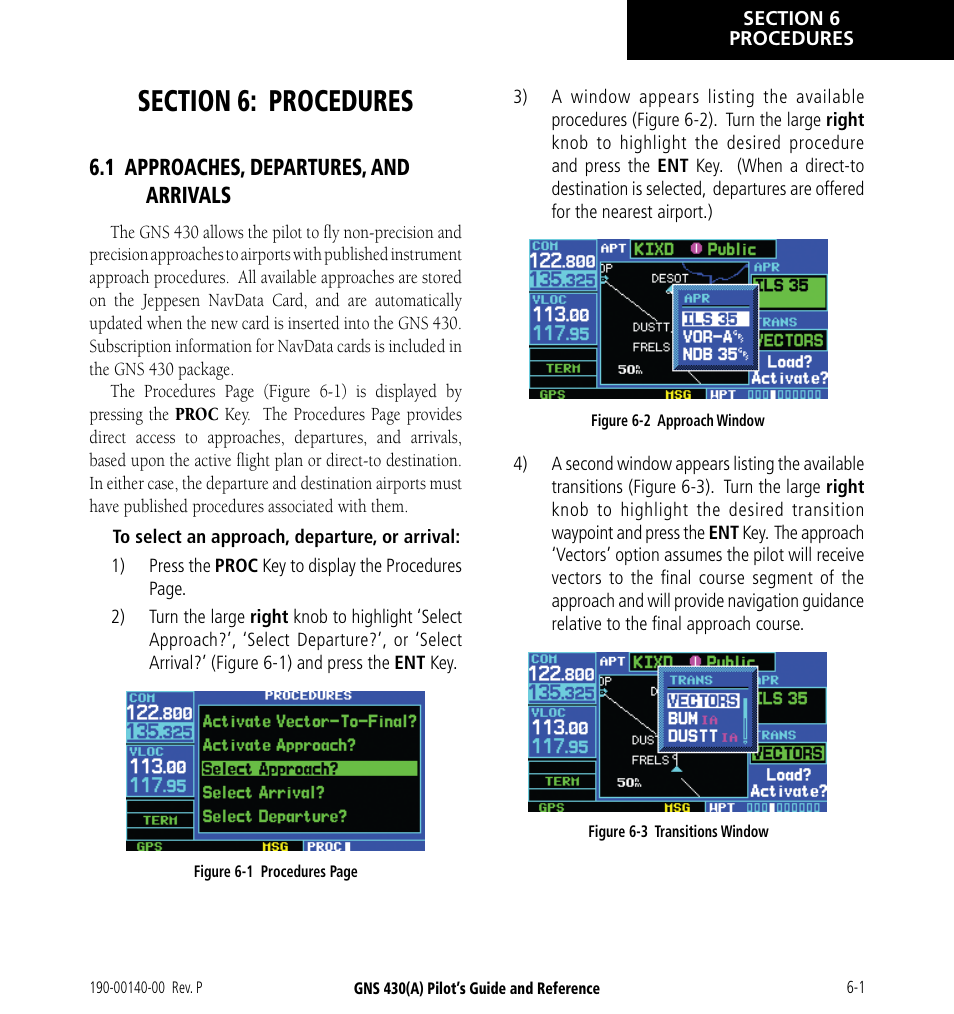 Section 6: procedures, 1 approaches, departures and arrivals, 1 approaches, departures, and arrivals -1 | 1 approaches, departures, and arrivals | Garmin GNS 430 User Manual | Page 83 / 266