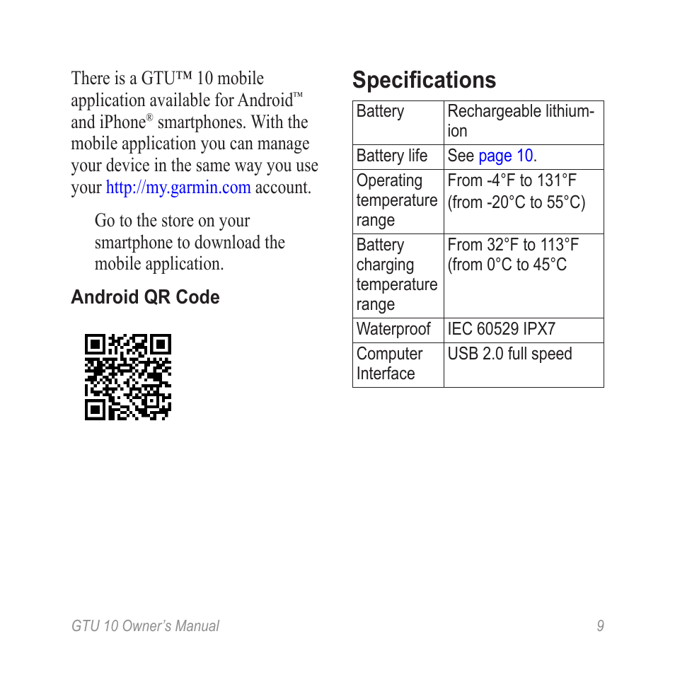 Specifications | Garmin GTU 10 User Manual | Page 11 / 16