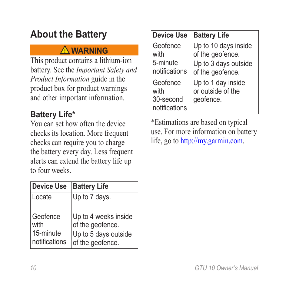 About the battery | Garmin GTU 10 User Manual | Page 12 / 16