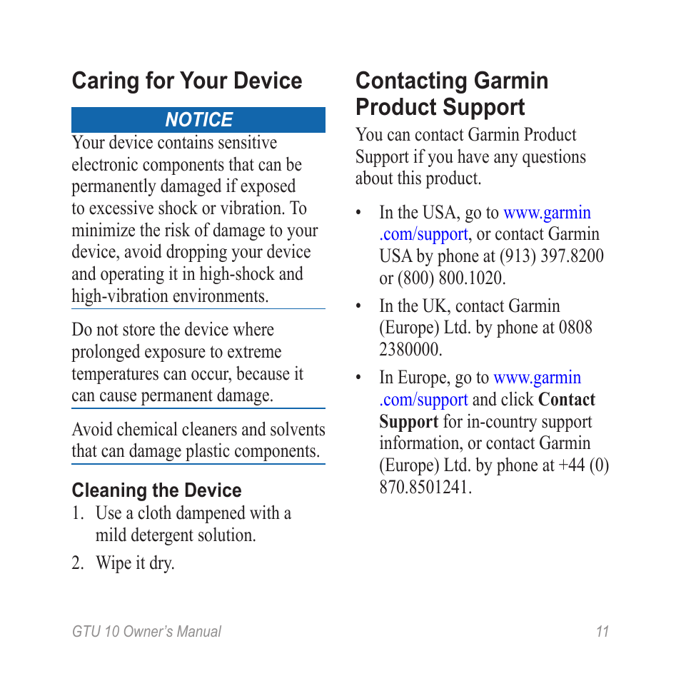 Caring for your device, Contacting garmin product support | Garmin GTU 10 User Manual | Page 13 / 16