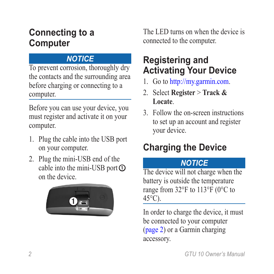 Ge the device, Connecting to a computer, Registering and activating your device | Charging the device | Garmin GTU 10 User Manual | Page 4 / 16