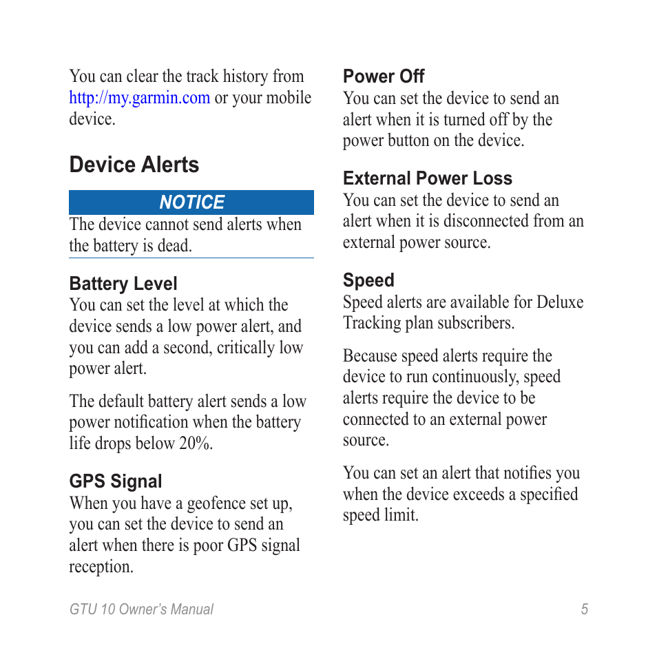 Device alerts | Garmin GTU 10 User Manual | Page 7 / 16