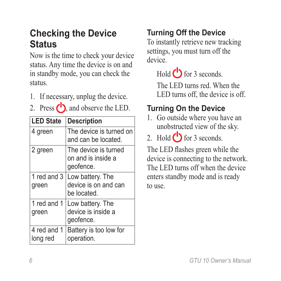 Check the device status, Checking the device status | Garmin GTU 10 User Manual | Page 8 / 16