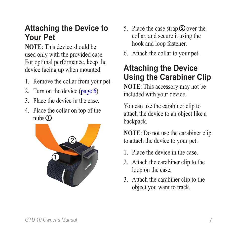 Attach the device, Attaching the device to your pet, Attaching the device using the carabiner clip | Garmin GTU 10 User Manual | Page 9 / 16