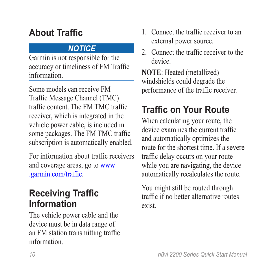 About traffic, Receiving traffic information, Traffic on your route | Garmin nuvi 2250LT User Manual | Page 10 / 12