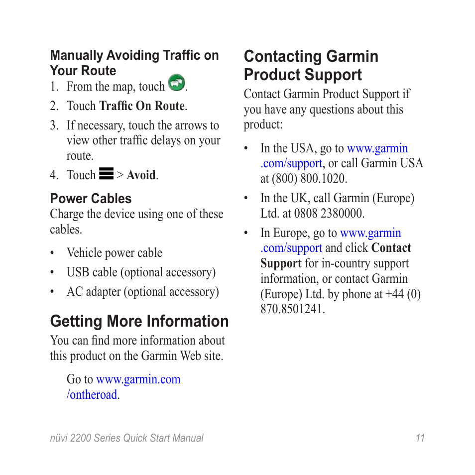 Getting more information, Contacting garmin product support | Garmin nuvi 2250LT User Manual | Page 11 / 12