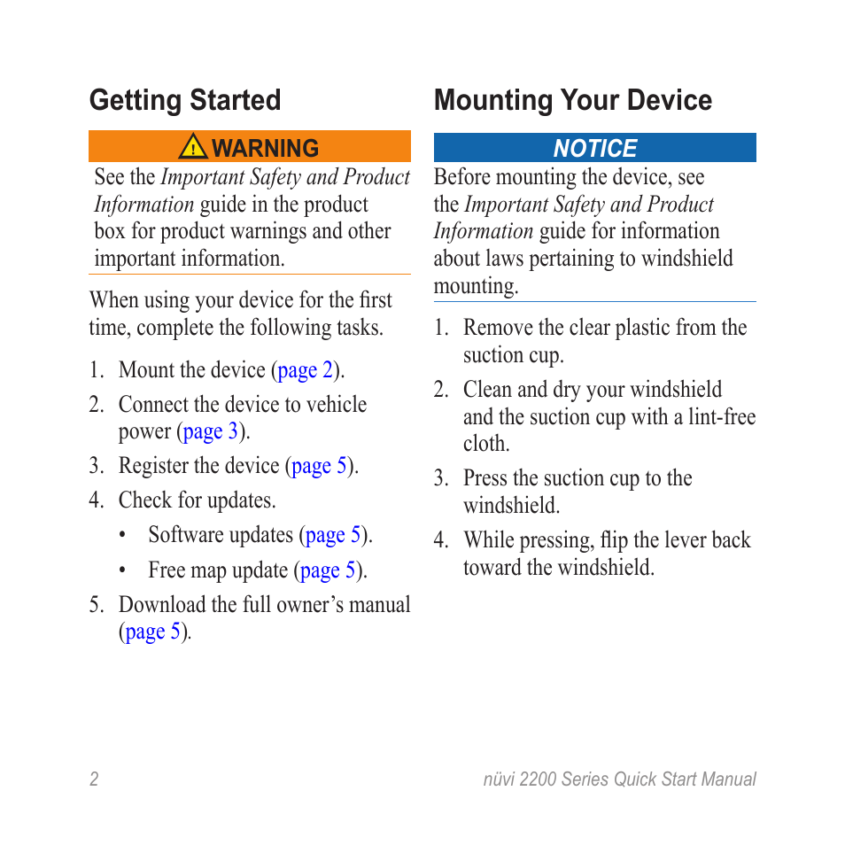 Getting started, Mounting your device | Garmin nuvi 2250LT User Manual | Page 2 / 12
