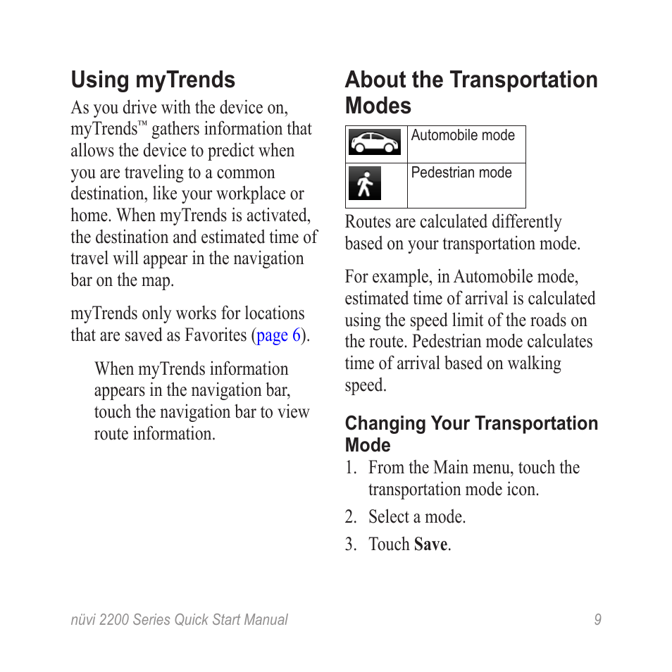 Using mytrends, About the transportation modes | Garmin nuvi 2250LT User Manual | Page 9 / 12