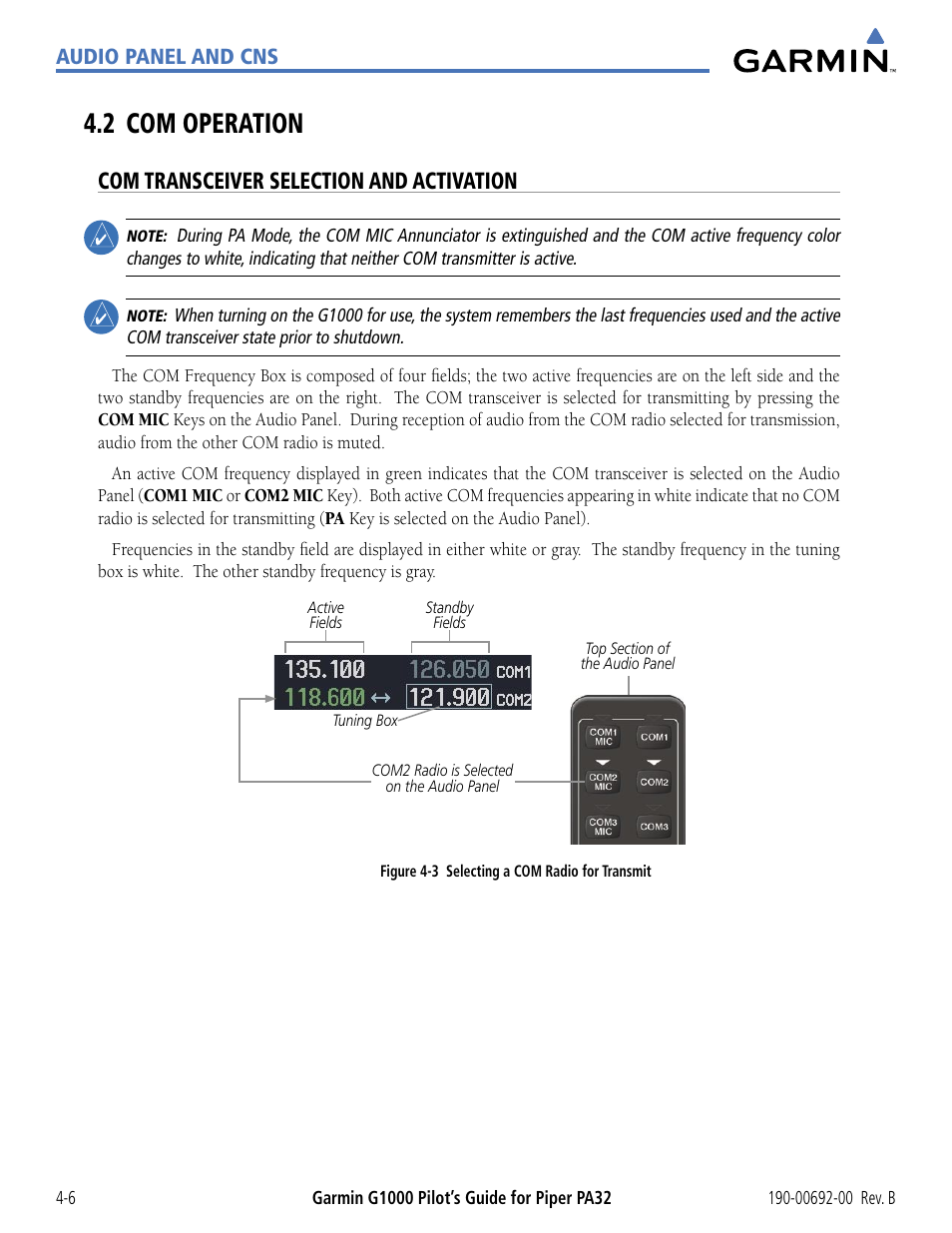 2 com operation, Com transceiver selection and activation, 2 com operation -6 | Garmin G1000 Piper PA32 User Manual | Page 100 / 450