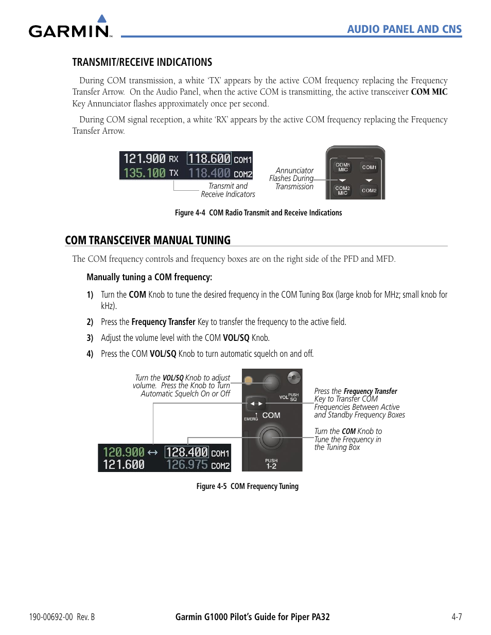 Com transceiver manual tuning, Audio panel and cns transmit/receive indications | Garmin G1000 Piper PA32 User Manual | Page 101 / 450