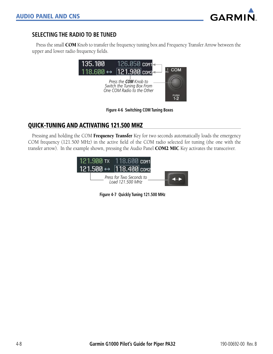 Quick-tuning and activating 121.500 mhz | Garmin G1000 Piper PA32 User Manual | Page 102 / 450