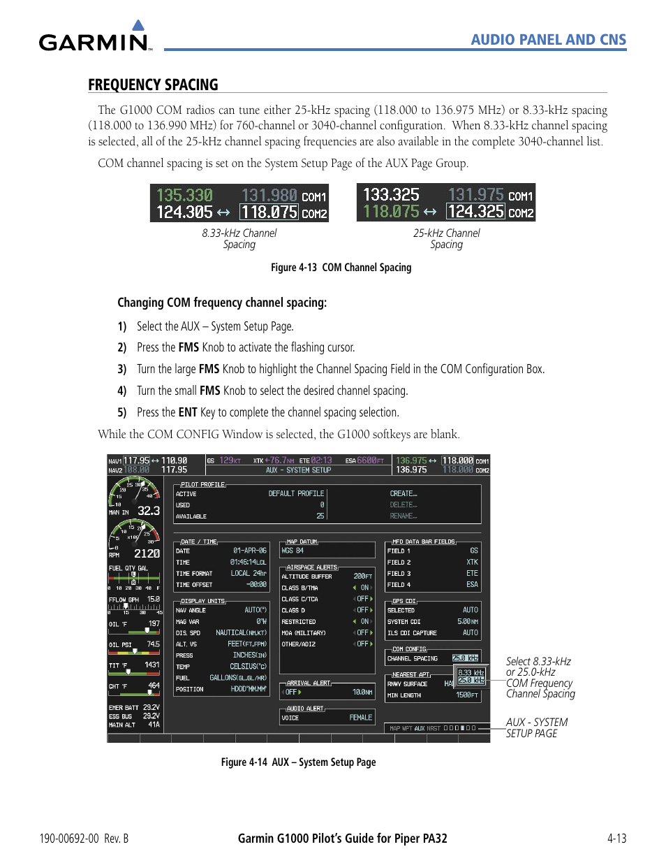 Frequency spacing, Audio panel and cns | Garmin G1000 Piper PA32 User Manual | Page 107 / 450