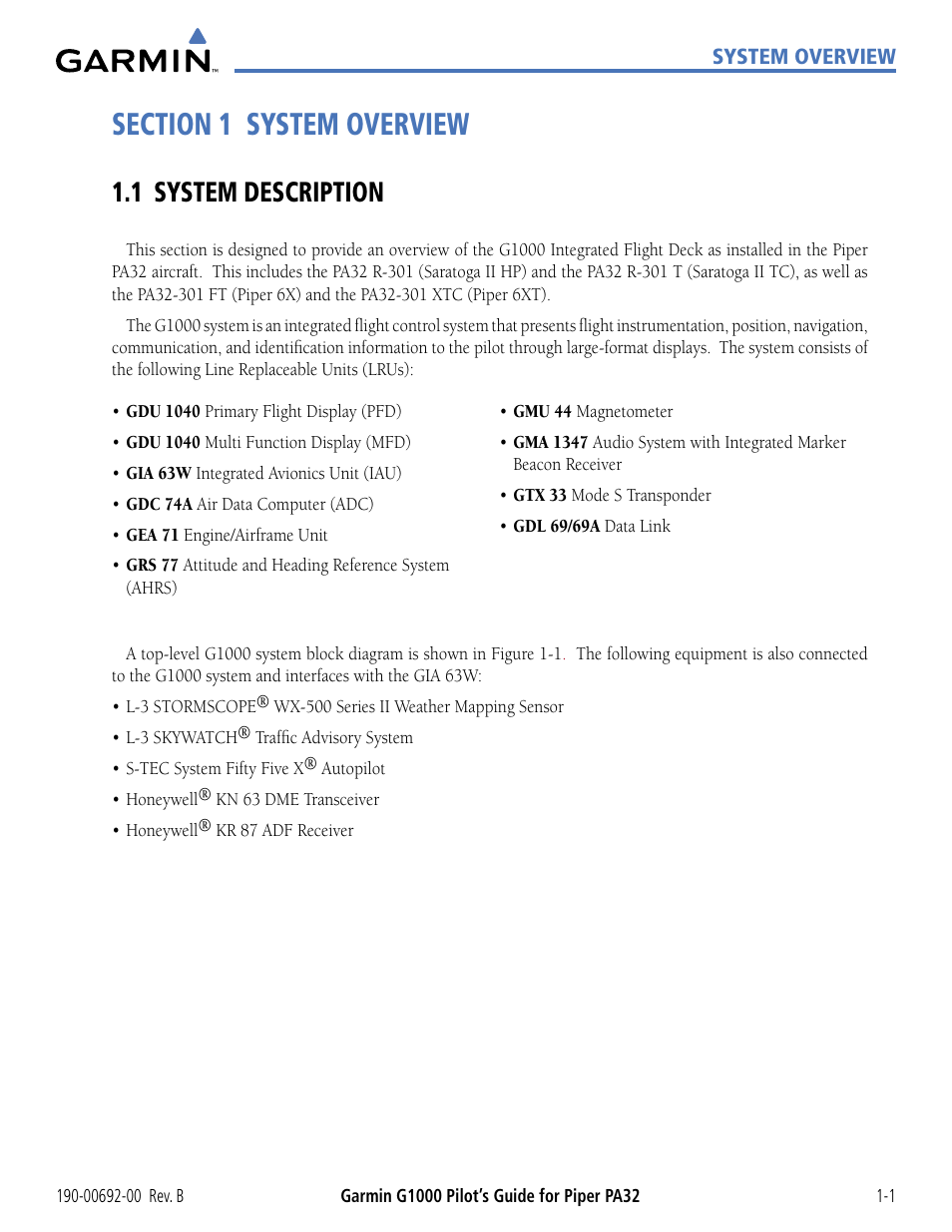 Section 1 system overview, 1 system description, 1 system description -1 | Garmin G1000 Piper PA32 User Manual | Page 11 / 450