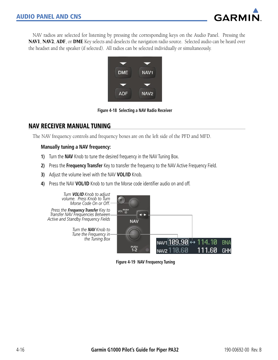 Nav receiver manual tuning, Audio panel and cns | Garmin G1000 Piper PA32 User Manual | Page 110 / 450