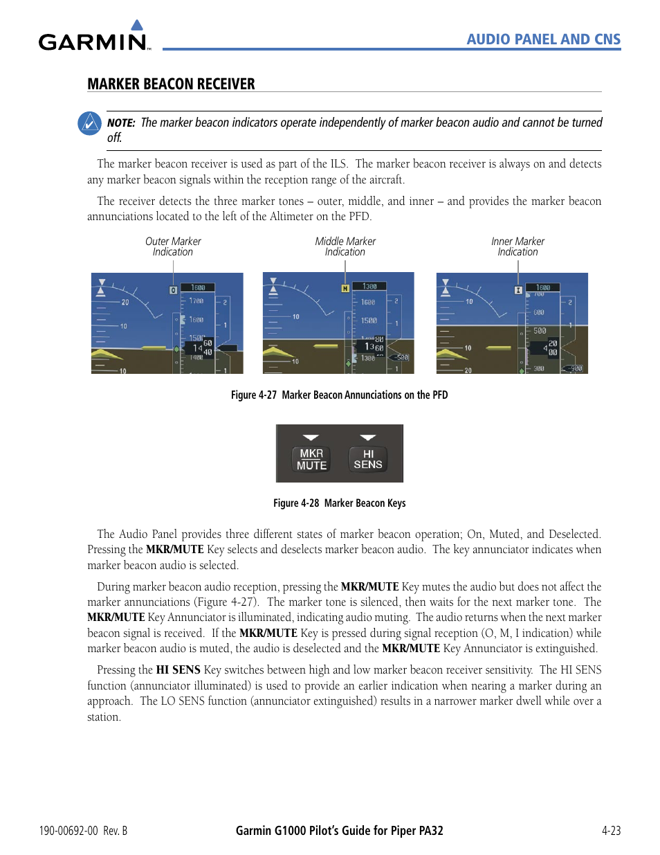 Marker beacon receiver | Garmin G1000 Piper PA32 User Manual | Page 117 / 450