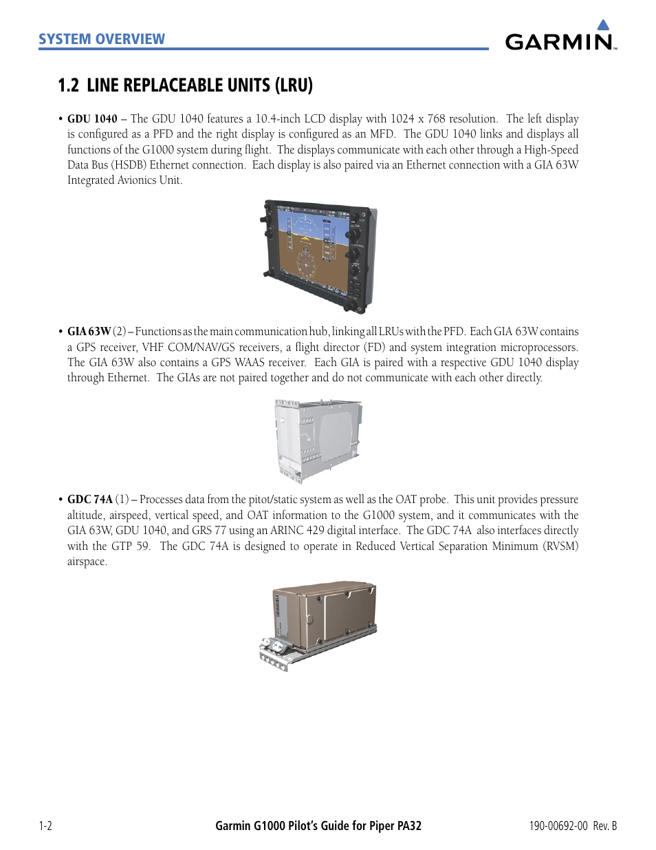 2 line replaceable units (lru), 2 line replaceable units (lru) -2 | Garmin G1000 Piper PA32 User Manual | Page 12 / 450