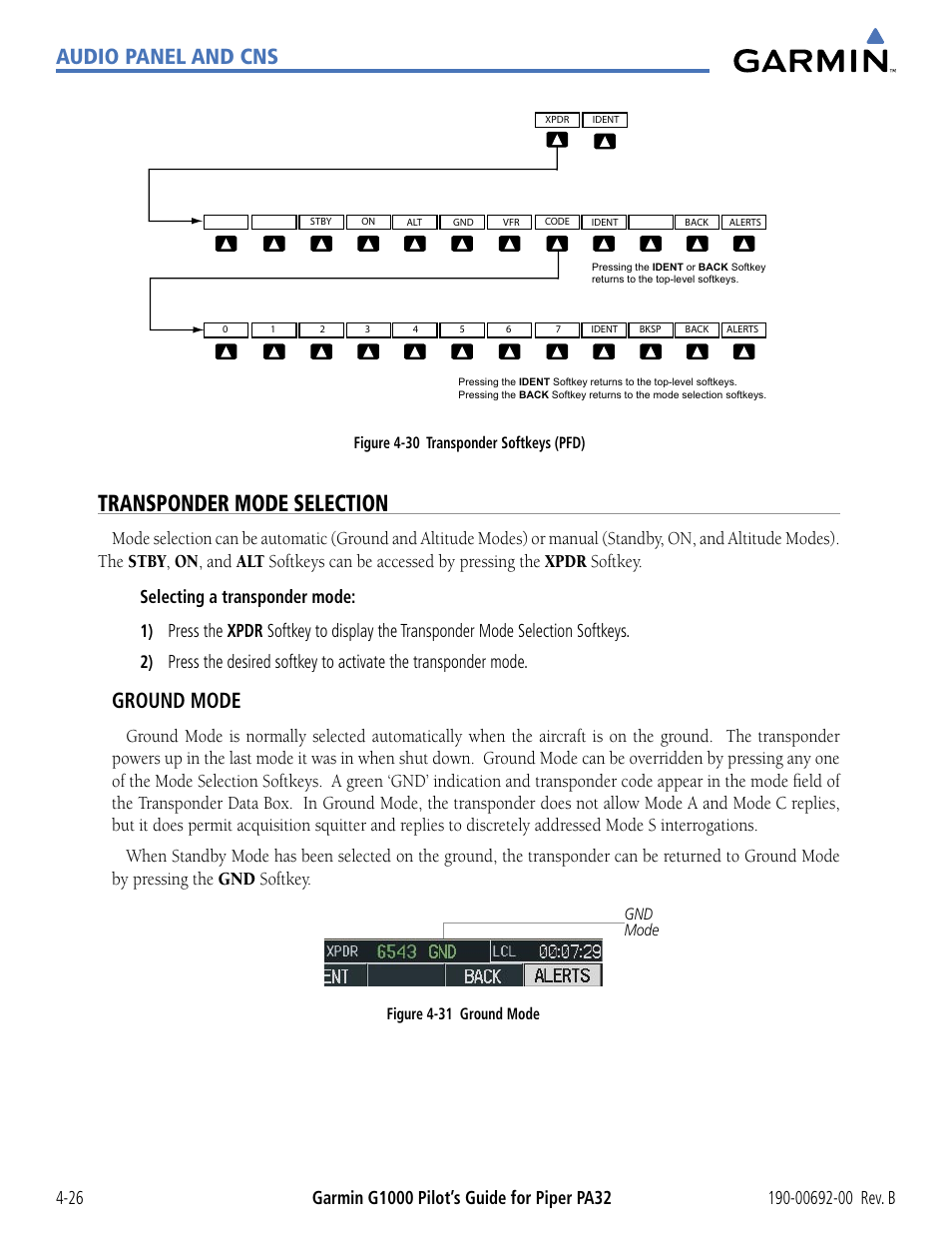 Transponder mode selection, Audio panel and cns, Ground mode | Garmin G1000 Piper PA32 User Manual | Page 120 / 450
