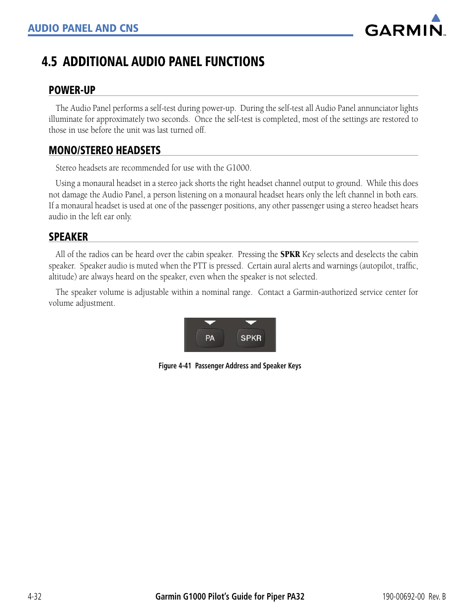 5 additional audio panel functions, Power-up, Mono/stereo headsets | Speaker, 5 additional audio panel functions -32 | Garmin G1000 Piper PA32 User Manual | Page 126 / 450