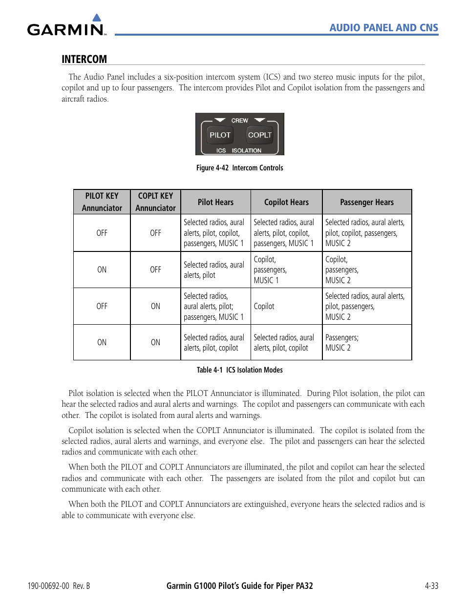 Intercom, Audio panel and cns | Garmin G1000 Piper PA32 User Manual | Page 127 / 450