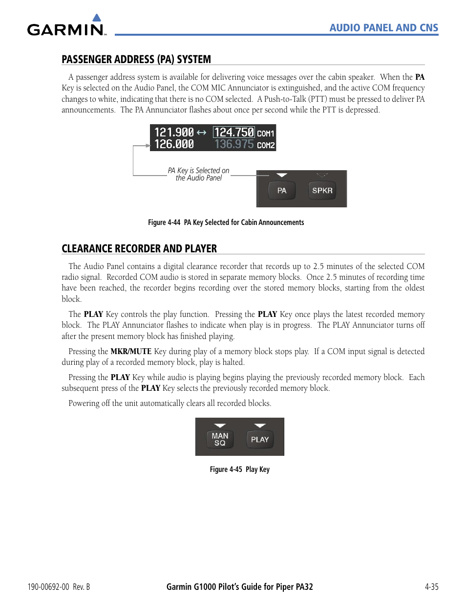 Passenger address (pa) system, Clearance recorder and player | Garmin G1000 Piper PA32 User Manual | Page 129 / 450