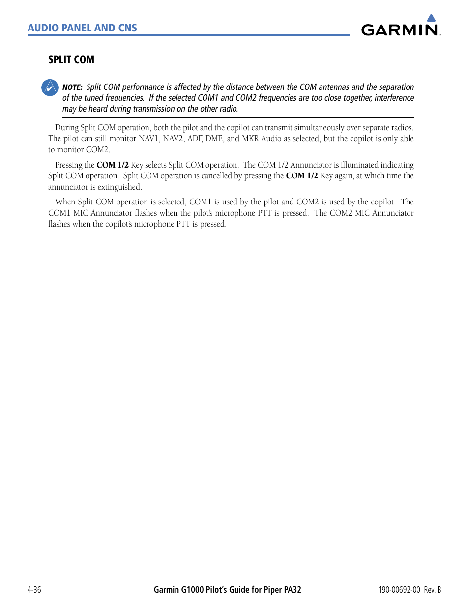 Split com | Garmin G1000 Piper PA32 User Manual | Page 130 / 450