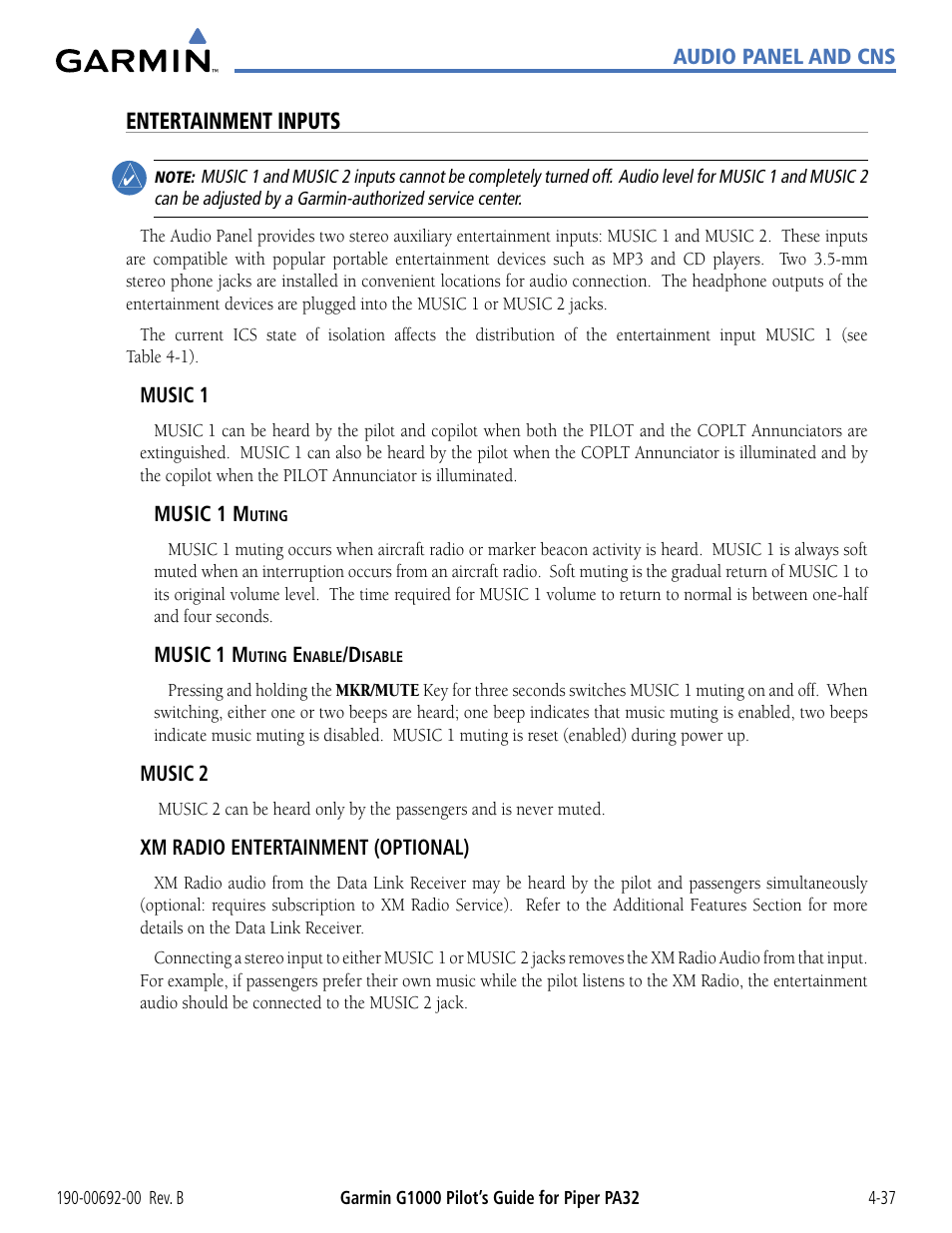 Entertainment inputs | Garmin G1000 Piper PA32 User Manual | Page 131 / 450