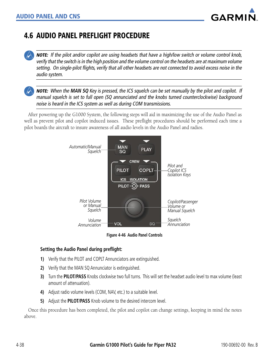 6 audio panel preflight procedure, 6 audio panel preﬂight procedure -38, Audio panel and cns | Garmin G1000 Piper PA32 User Manual | Page 132 / 450