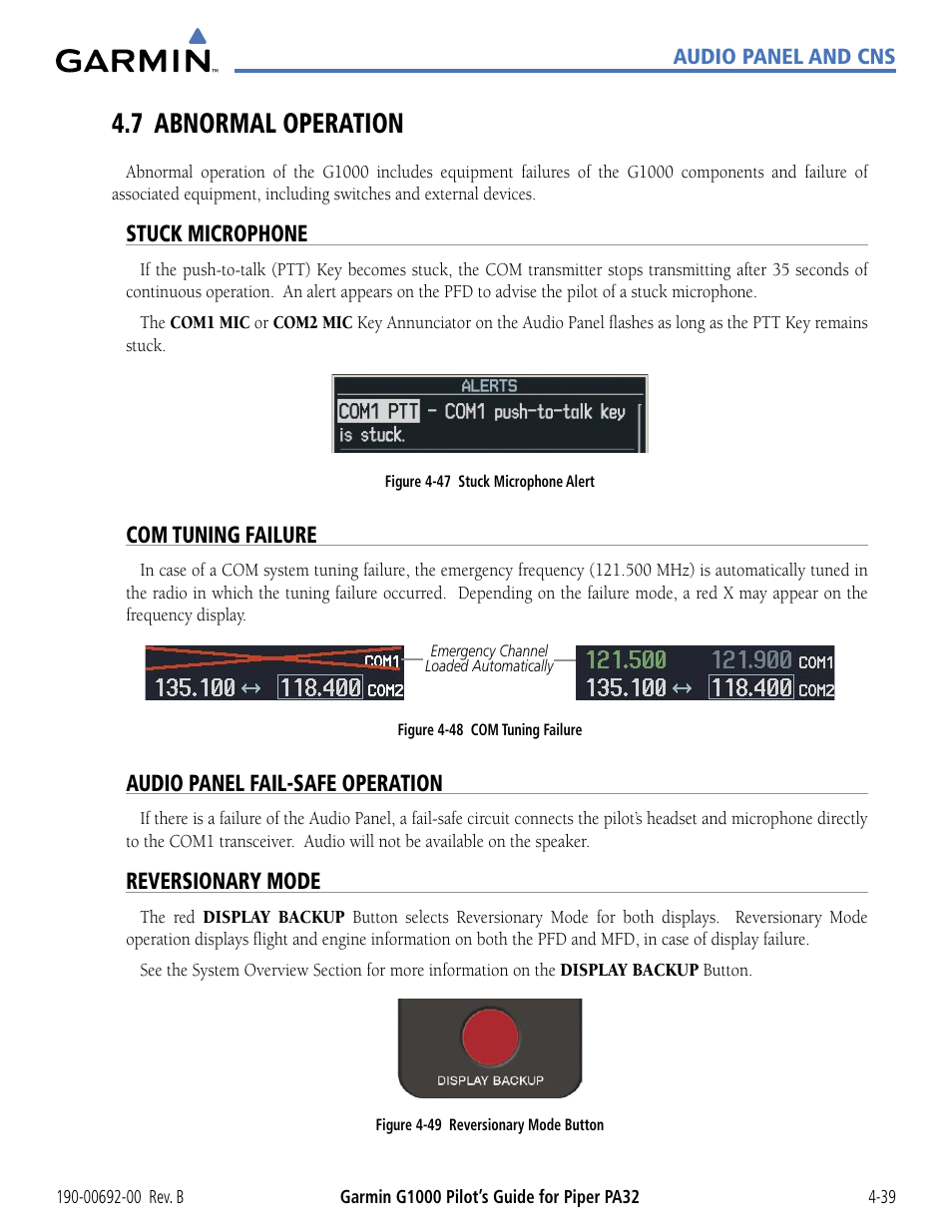 7 abnormal operation, Stuck microphone, Com tuning failure | Audio panel fail-safe operation, Reversionary mode, 7 abnormal operation -39 | Garmin G1000 Piper PA32 User Manual | Page 133 / 450