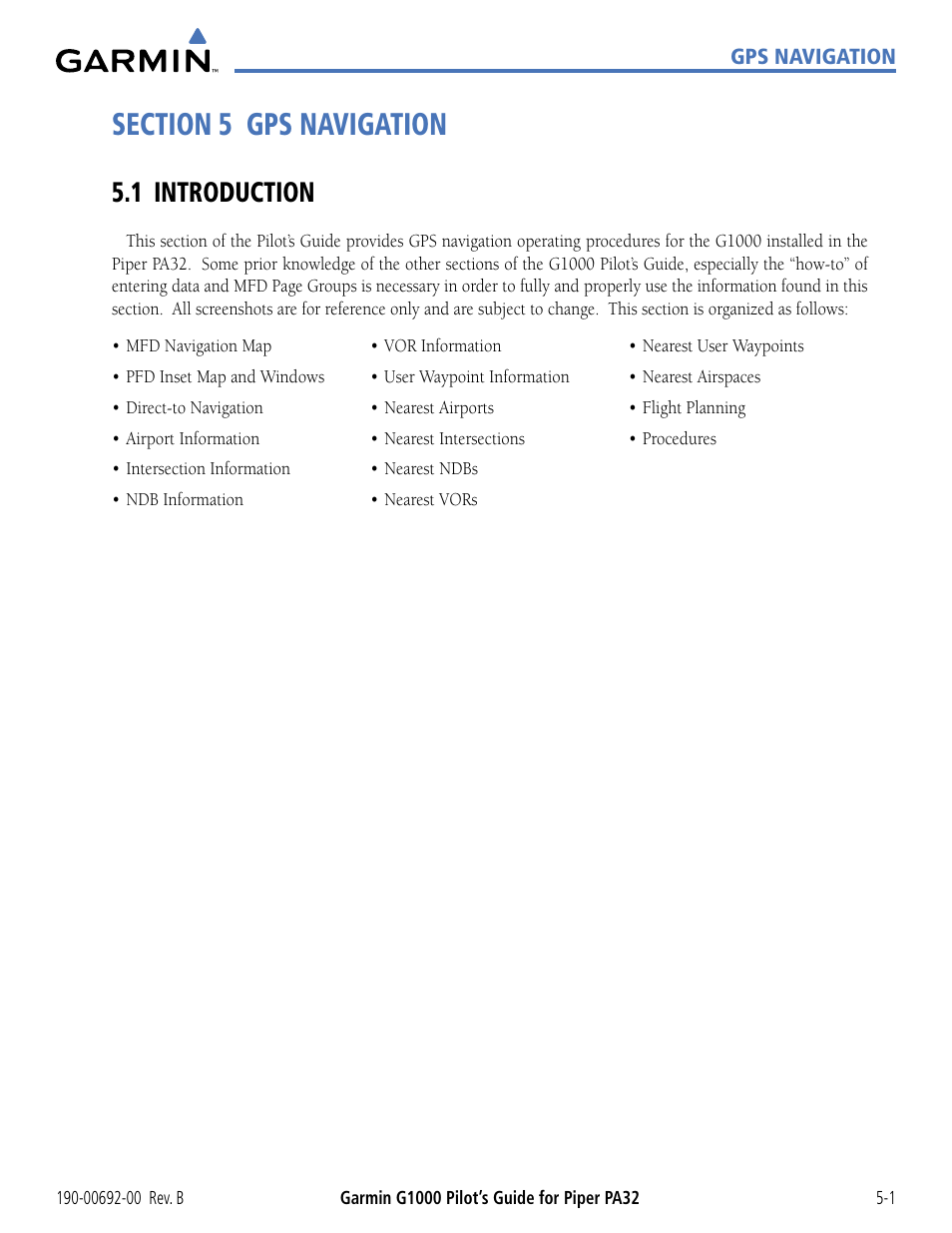 Section 5 gps navigation, 1 introduction, 1 introduction -1 | Garmin G1000 Piper PA32 User Manual | Page 135 / 450