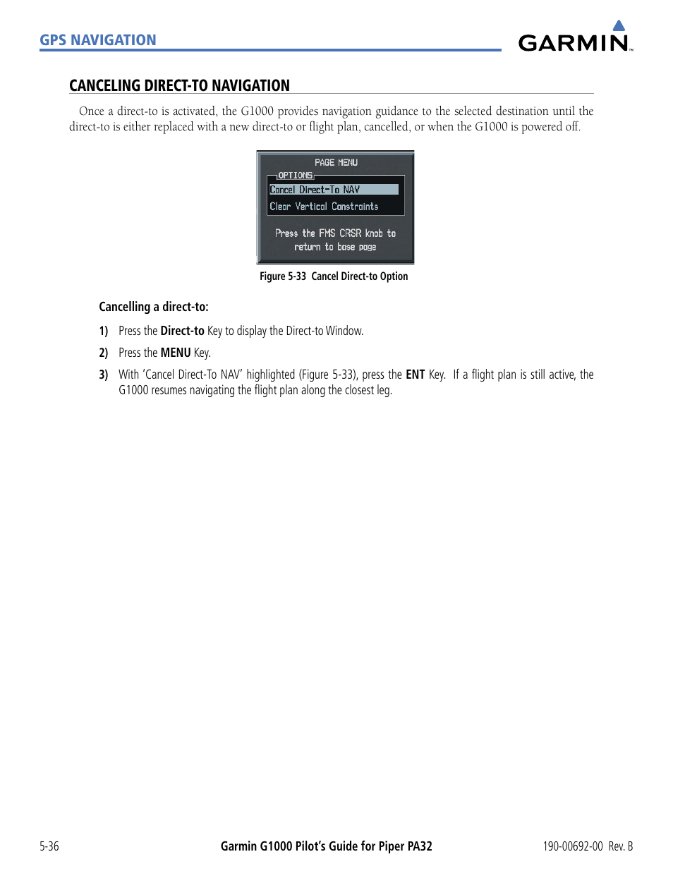 Canceling direct-to navigation | Garmin G1000 Piper PA32 User Manual | Page 170 / 450