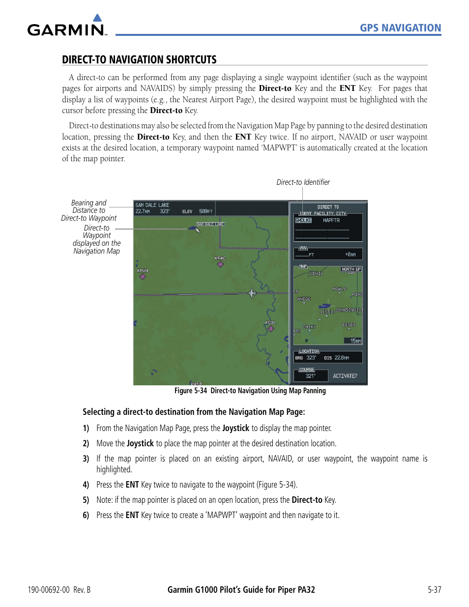 Direct-to navigation shortcuts, Gps navigation | Garmin G1000 Piper PA32 User Manual | Page 171 / 450