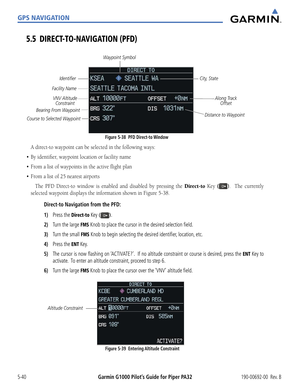 5 direct-to-navigation (pfd), 5 direct-to-navigation (pfd) -40, Gps navigation | Garmin G1000 Piper PA32 User Manual | Page 174 / 450