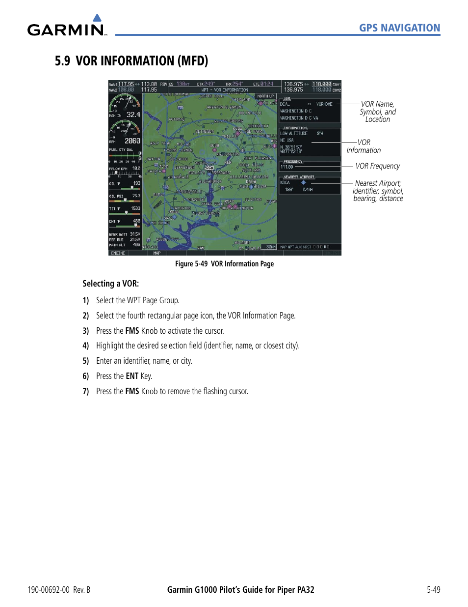 9 vor information (mfd), 9 vor information (mfd) -49, Gps navigation | Garmin G1000 Piper PA32 User Manual | Page 183 / 450