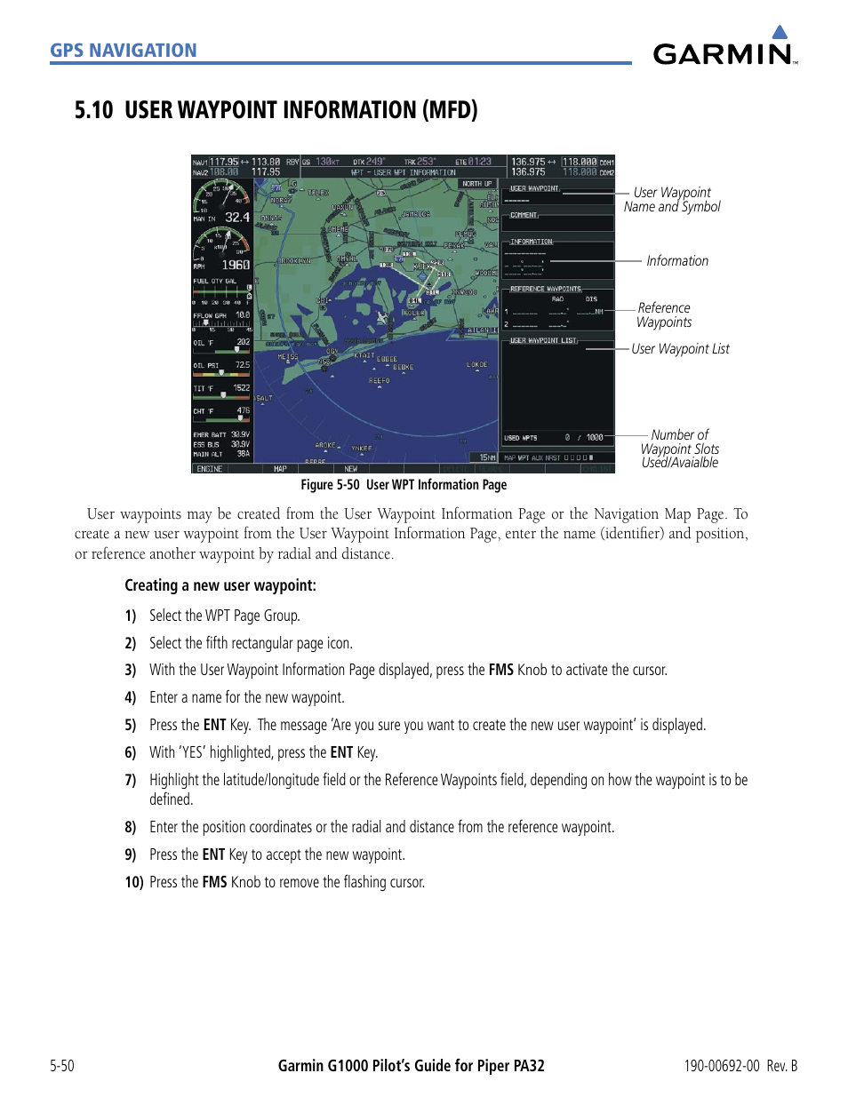 10 user waypoint information (mfd), 10 user waypoint information (mfd) -50, Gps navigation | Garmin G1000 Piper PA32 User Manual | Page 184 / 450