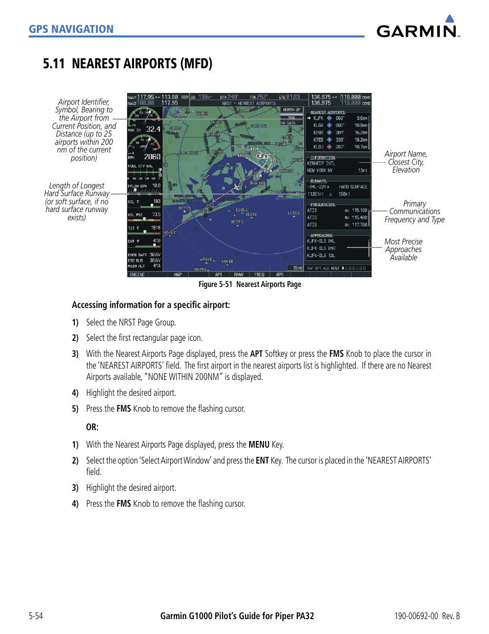 11 nearest airports (mfd), 11 nearest airports (mfd) -54, Gps navigation | Garmin G1000 Piper PA32 User Manual | Page 188 / 450