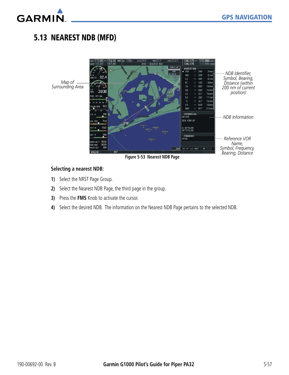 13 nearest ndb (mfd), 13 nearest ndb (mfd) -57, Gps navigation | Garmin G1000 Piper PA32 User Manual | Page 191 / 450