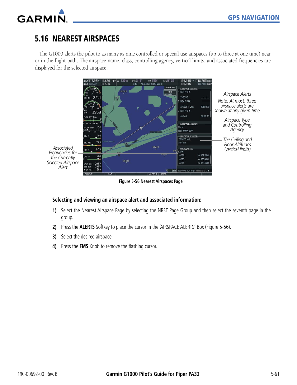 16 nearest airspaces, 16 nearest airspaces -61, Gps navigation | Garmin G1000 Piper PA32 User Manual | Page 195 / 450