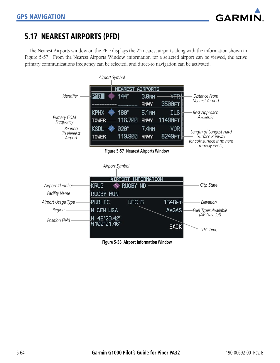 17 nearest airports (pfd), 17 nearest airports (pfd) -64, Gps navigation | Garmin G1000 Piper PA32 User Manual | Page 198 / 450