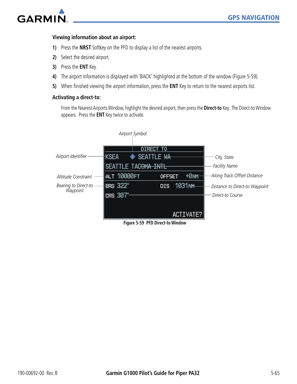 Gps navigation | Garmin G1000 Piper PA32 User Manual | Page 199 / 450