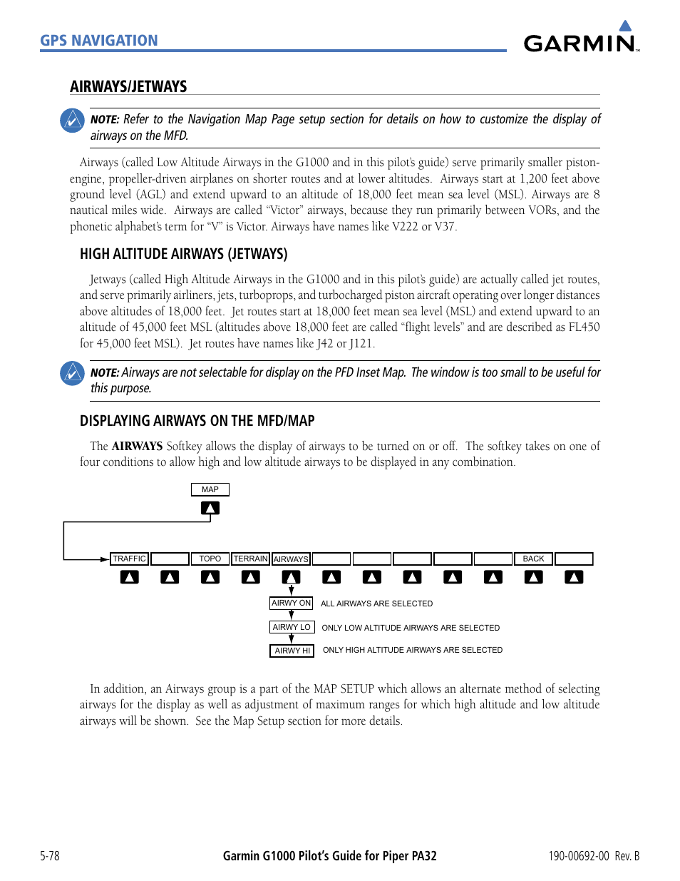 Airways/jetways, Gps navigation, High altitude airways (jetways) | Displaying airways on the mfd/map | Garmin G1000 Piper PA32 User Manual | Page 212 / 450