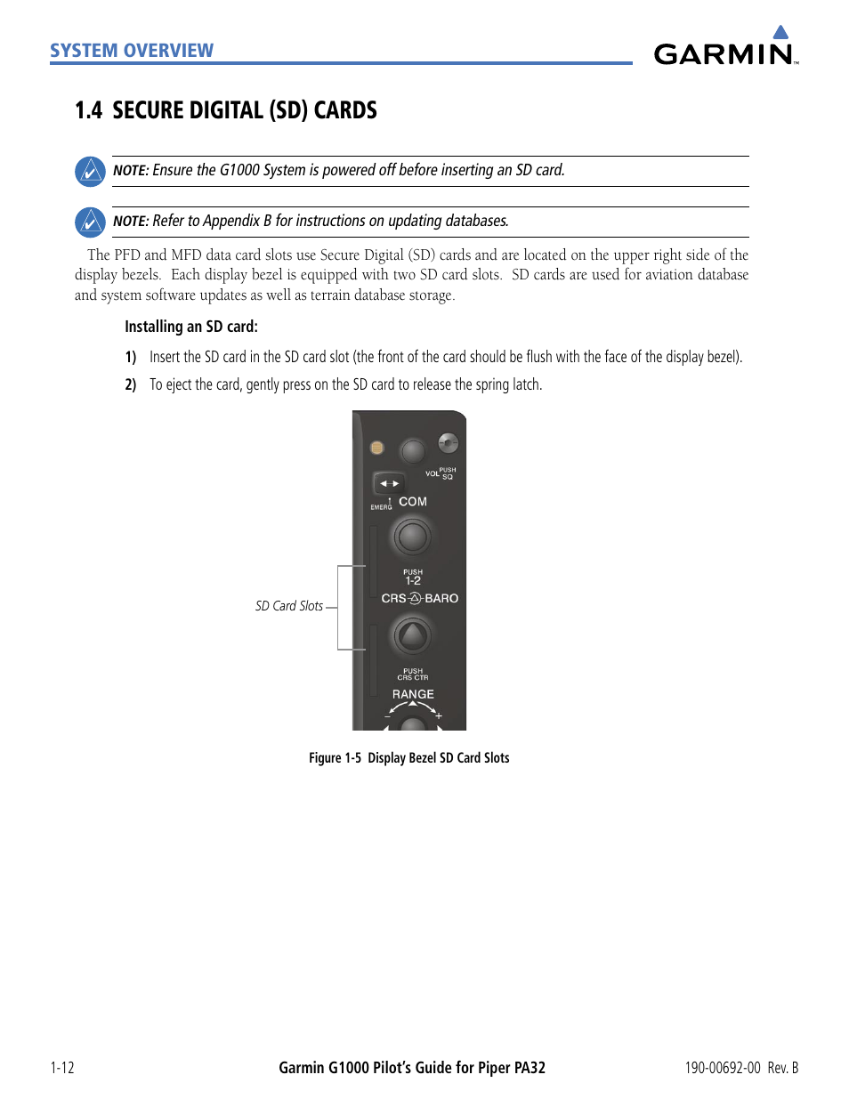 4 secure digital (sd) cards, 4 secure digital (sd) cards -12 | Garmin G1000 Piper PA32 User Manual | Page 22 / 450